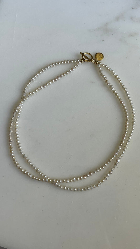 elegant pearl necklace, handcrafted in Bali, baby pearls. gold plated silver, baby pearls necklace