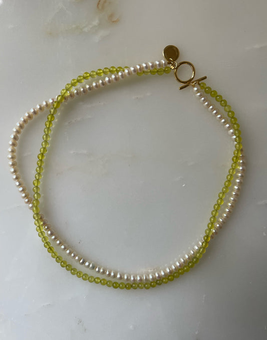 necklace, baby pearls with Korean jade, gold plated silver, handcrafted, cute necklace, fine jewellery