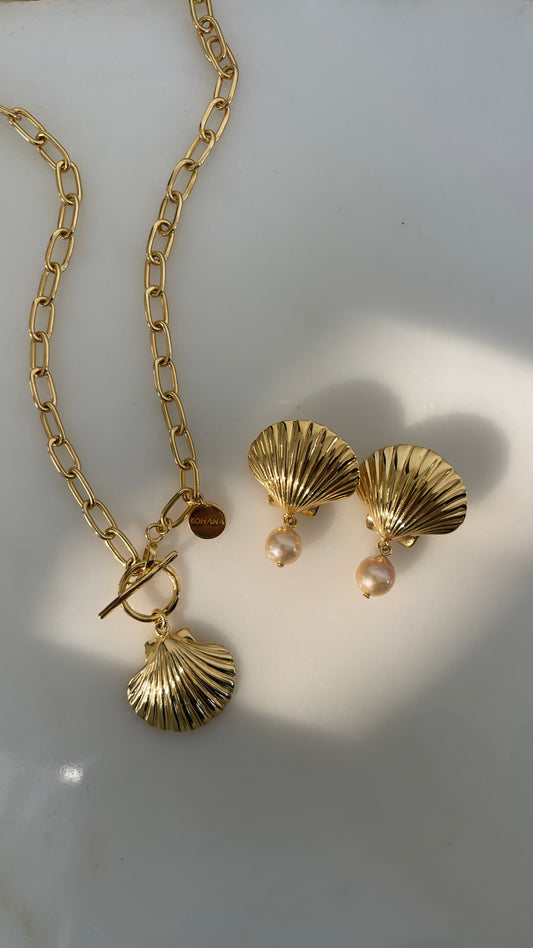 jewelry set with chain necklace and shell earrings, gold plated fine jewelry, jewellery for vacation