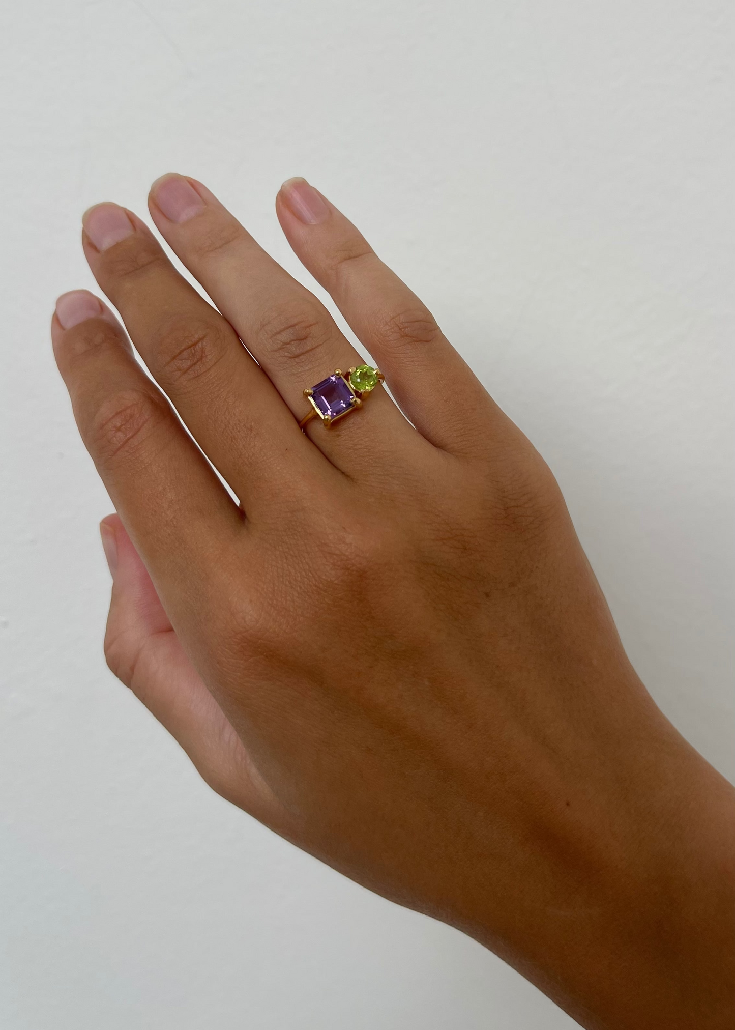 gold ring with a purple and green  gemstone, handcrafted jewellery 