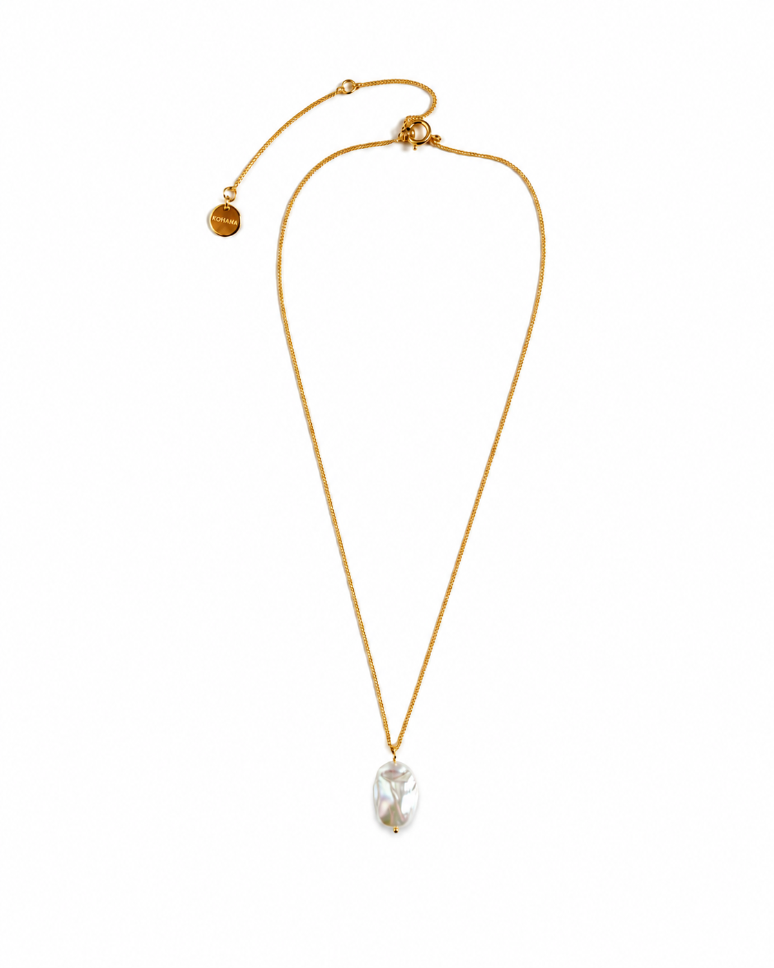 A delicate gold chain necklace featuring a large, irregular baroque pearl pendant, displayed on a clean white background.